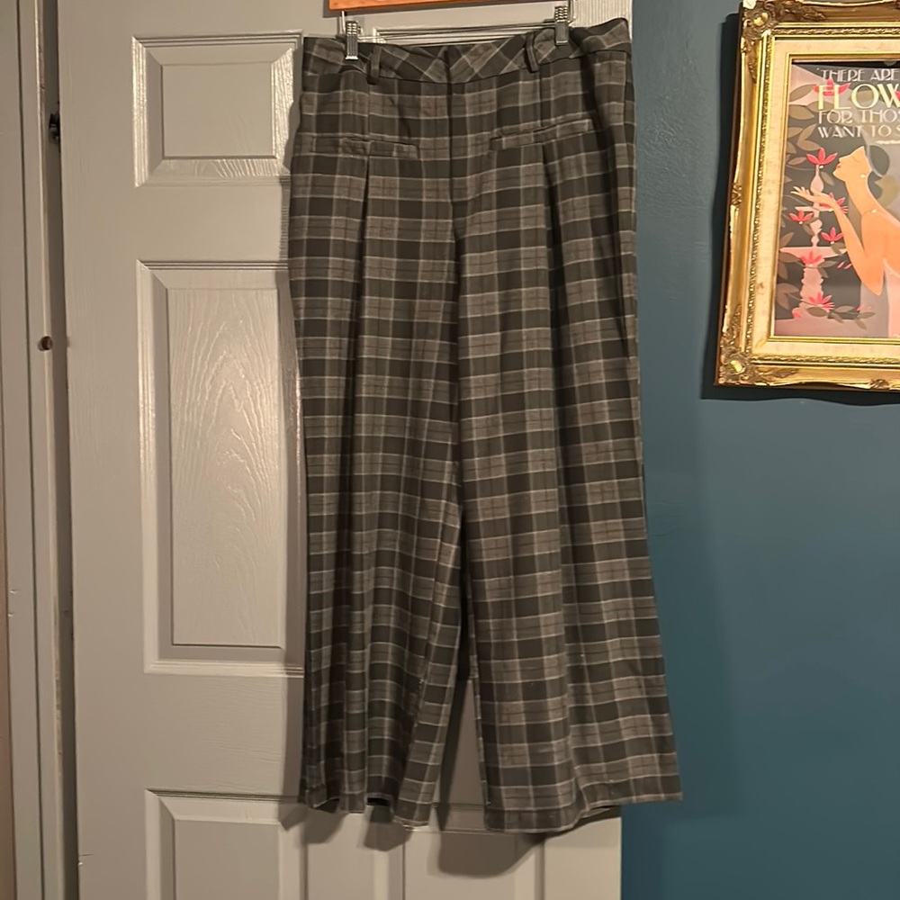 Plaid, pleated front wide leg pants. XL. Cider